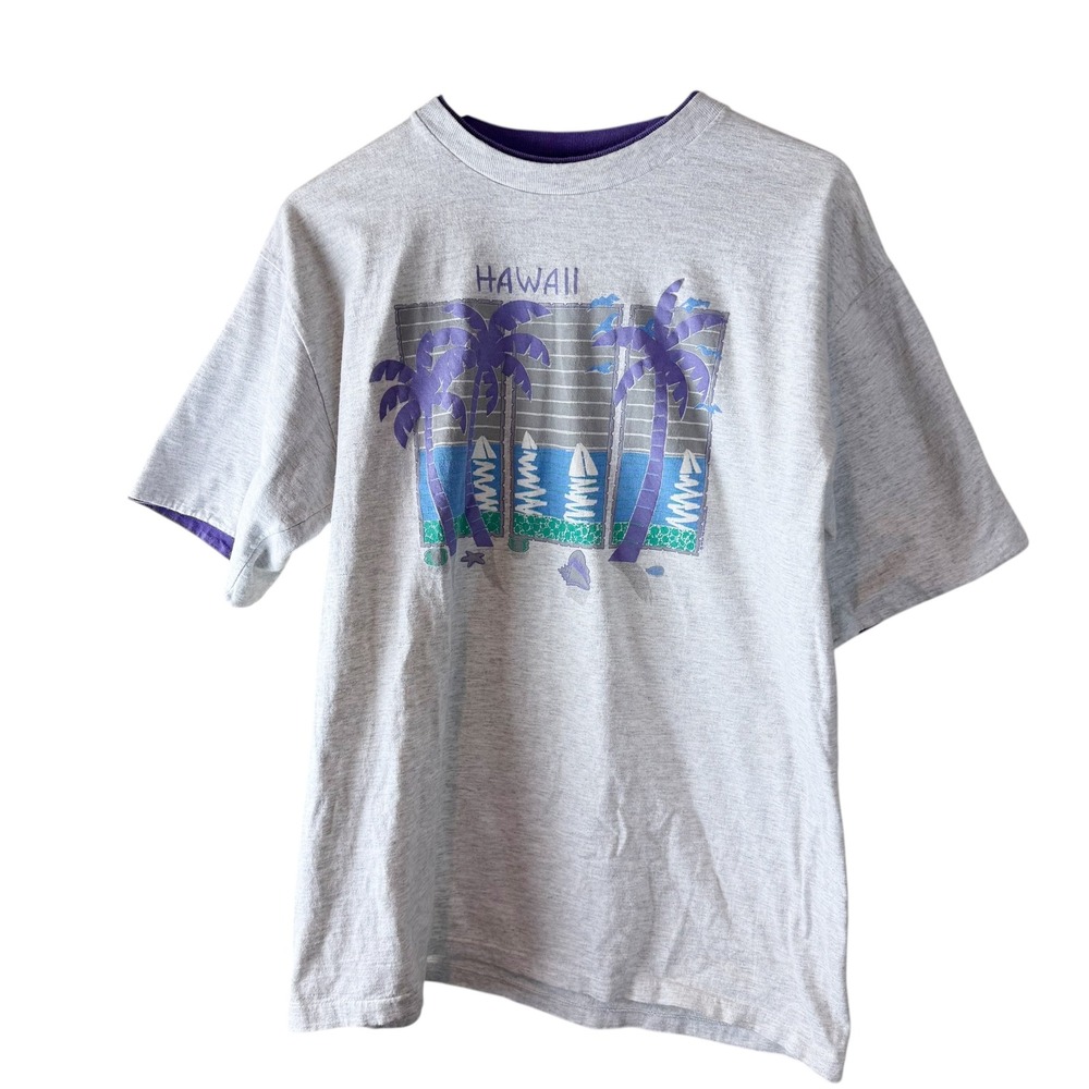 Vintage‎ Hawaii Palm Tree Sailboat Graphic T Shirt Grey Purple XL